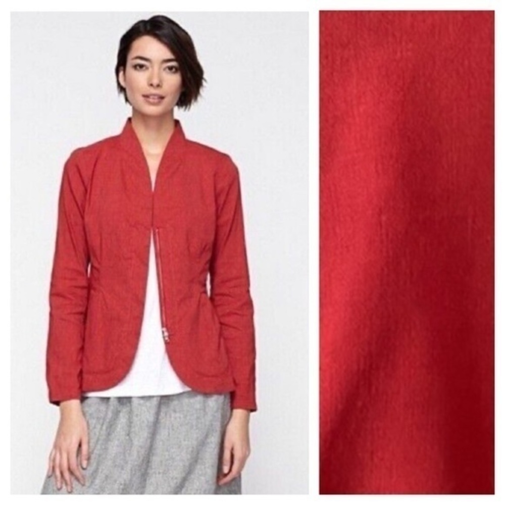 Eileen Fisher Rust Red Linen Blend Stretch Shawl Collar Zipper Jacket Medium